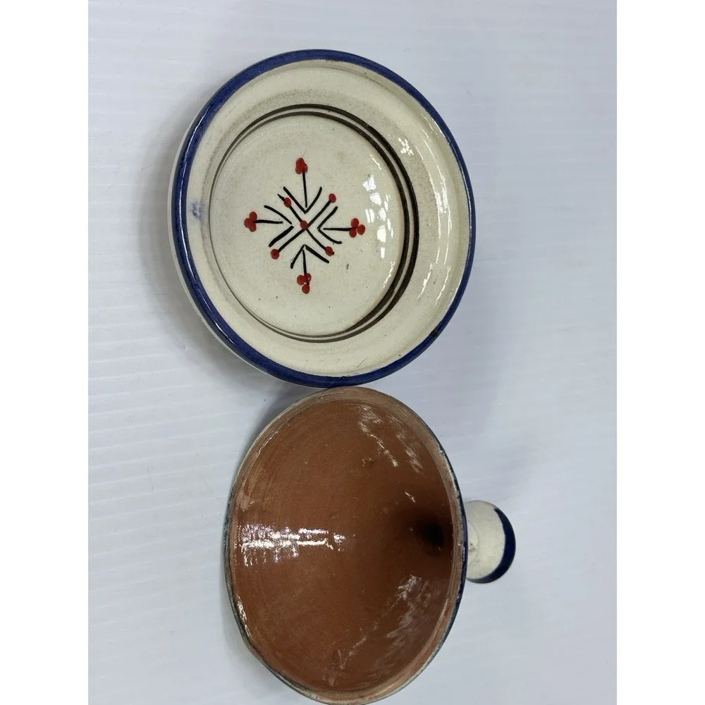 Vintage Small Moroccan Terracotta Tagine Pot Hand‎ Painted Glazed Morocco Signed